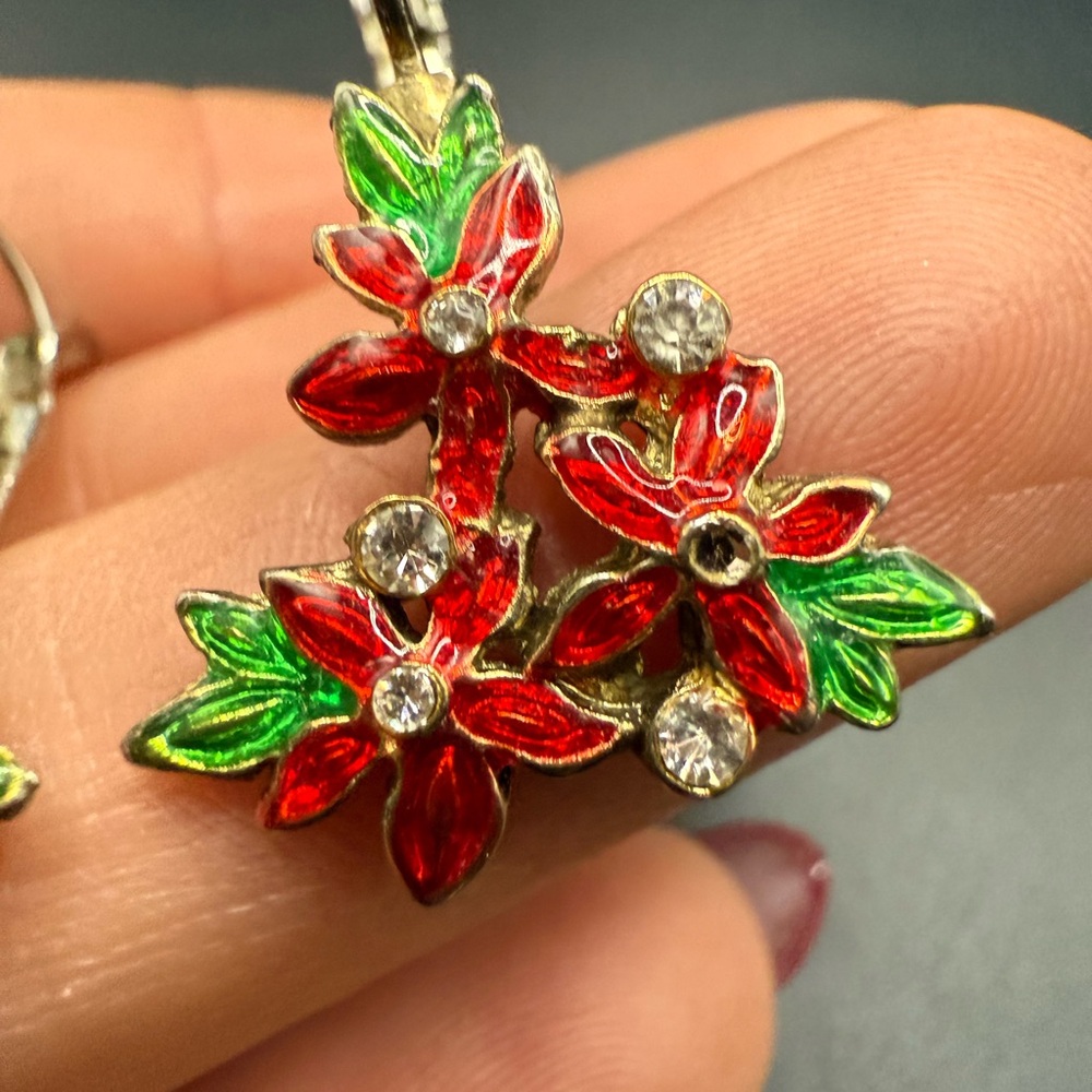 Poinsettia Floral Red and Green Silver Tone Earrings Holiday - Picture 2 of 5